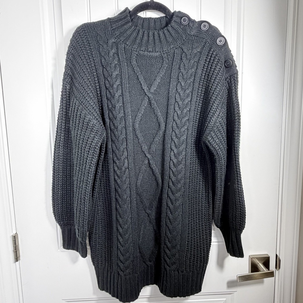 Lilylusory Black Cable Knit Mock Neck Sweater DressWomen's Sz Sm Button Shoulder